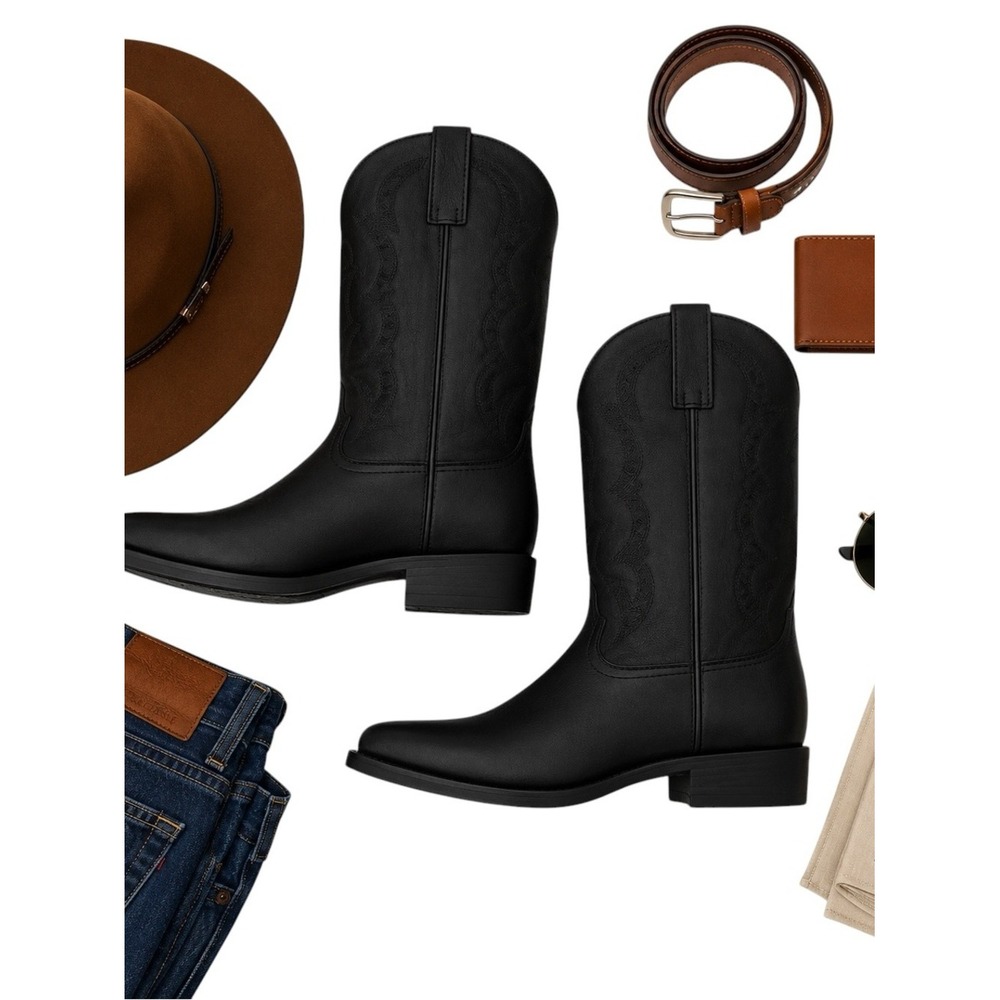 Durango Westward Black Leather Cowboy Boots Square Toe Men's 9.5 EE Wide in GUC